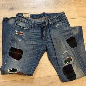 Polo Distressed Blue Jeans with Plaid Patches